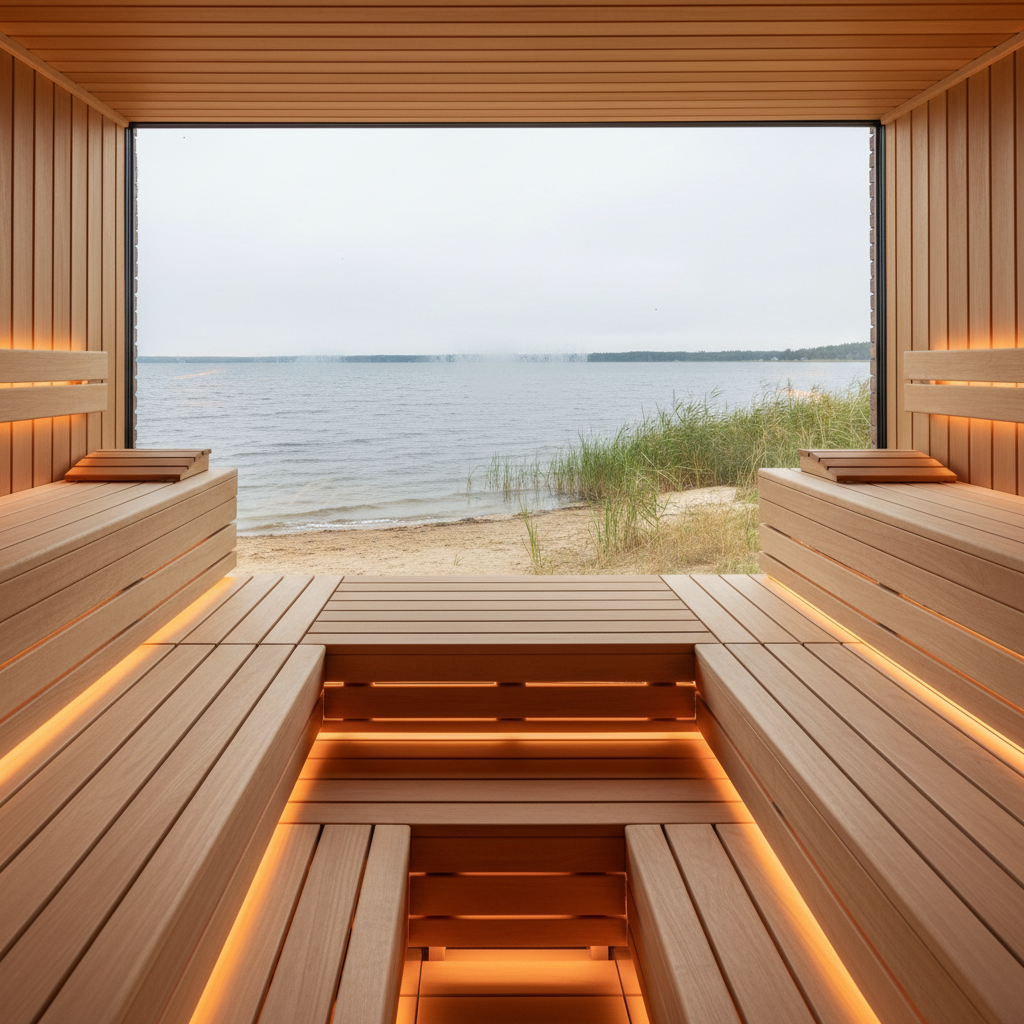A luxurious lakeside sauna interior clad in smooth, honey-toned cedar wood, with wide tiered benches facing a panoramic floor-to-ceiling window overlooking a calm Polish lake. The glass reveals gentle ripples on the water and a private sandy shore with reeds swaying lightly. Warm indirect LED strip lighting runs along the bench edges, casting a soft amber glow on the wooden surfaces and creating a cocoon-like atmosphere. Steam subtly blurs parts of the window, adding a sense of heat and intimacy. Photographed from a corner perspective for depth, with photographic realism and fine detail in the wood grain, the image feels tranquil, refined, and deeply restorative, highlighting the indulgent experience of a sauna with a breathtaking lakeside view.